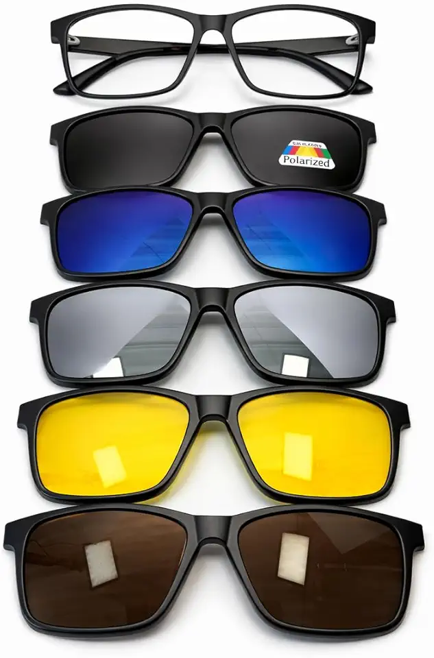 Óculos Clip-On Magnético 6 em 1 Masculino Feminino – Armação para Grau + 5 Lentes (Preta Polarizada, Azul, Cinza, Amarela e Marrom) – Óculos Versátil para Dia e Noite