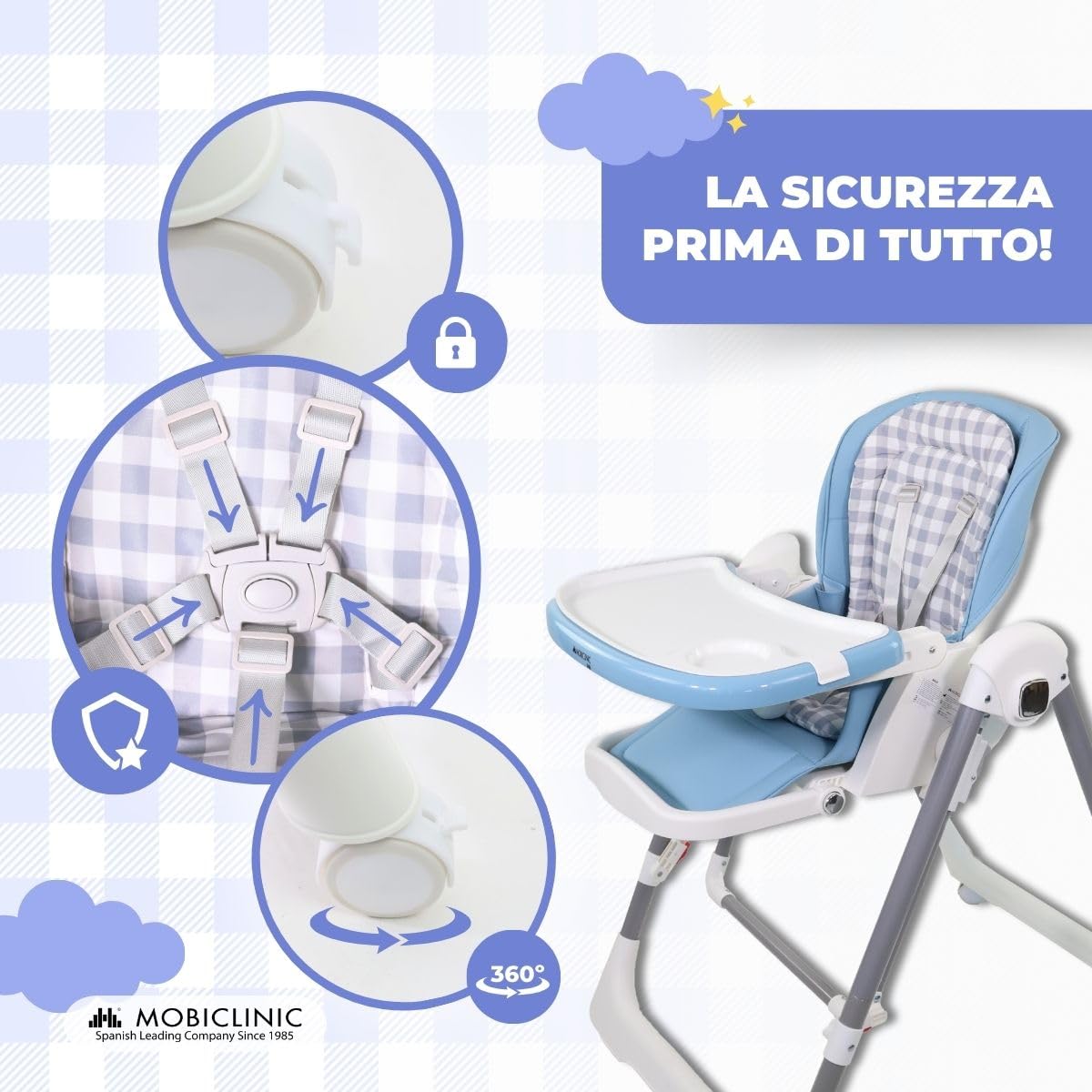 Mobiclinic®, Seggiolone a dondolo evolutivo, 3 in 1, 6-36 mesi, 15 kg, Pieghevole, Regolabile altezza e sullo schienale, Doppio vassoio rimovibile, Rotelle 360°, Imbracatura 5 punti