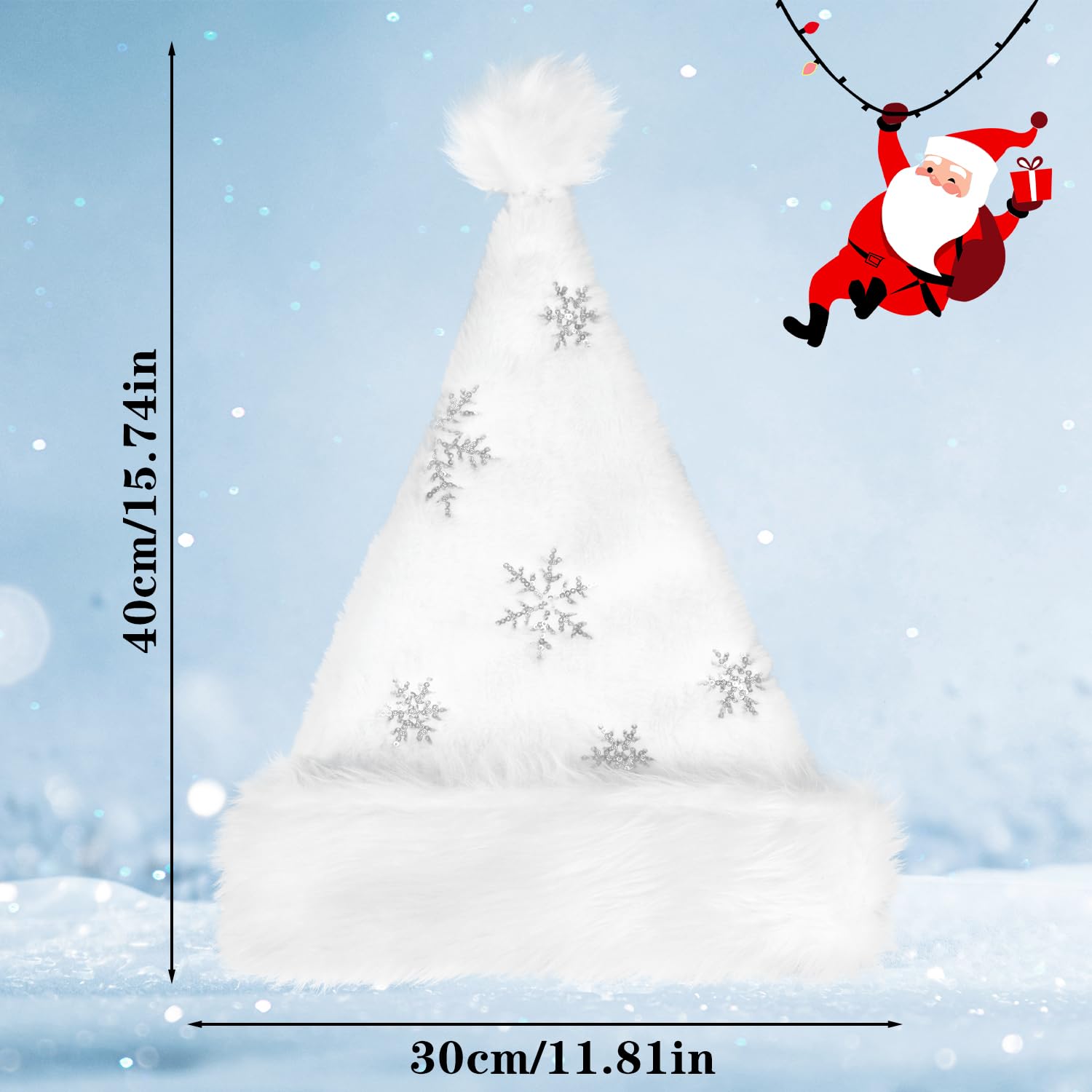 ZALAON White Christmas Hat, White Plush Santa Hat with Snowflake for Kids Adults Cosplay Fancy Dress Xmas Parties - Image 2