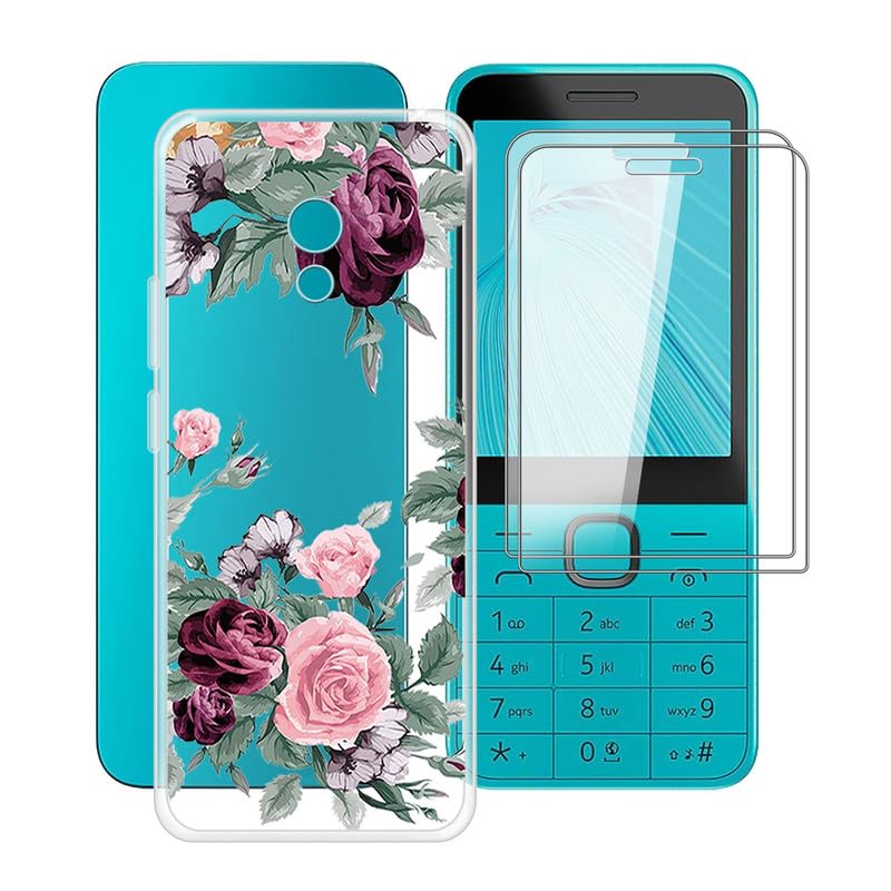Phone Case for Nokia 235 4G 2024 (2.8") with 2 X Tempered Glass Film, Clear [Anti-Scratch X Shockproof] Soft TPU Bumper Protective Cover for Nokia 235 4G 2024 - Red Rose