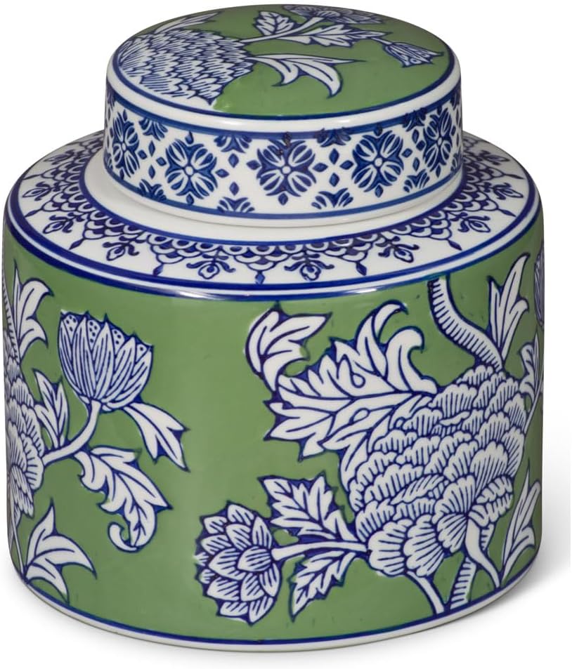 ChinaFurnitureOnline Green and White Peony Flower Motif Oriental Porcelain Tea Jar with lid
