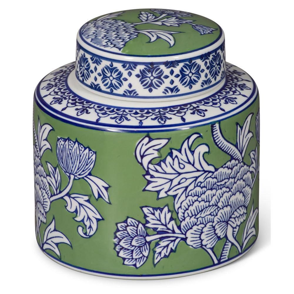 ChinaFurnitureOnline Green and White Peony Flower Motif Oriental Porcelain Tea Jar with lid