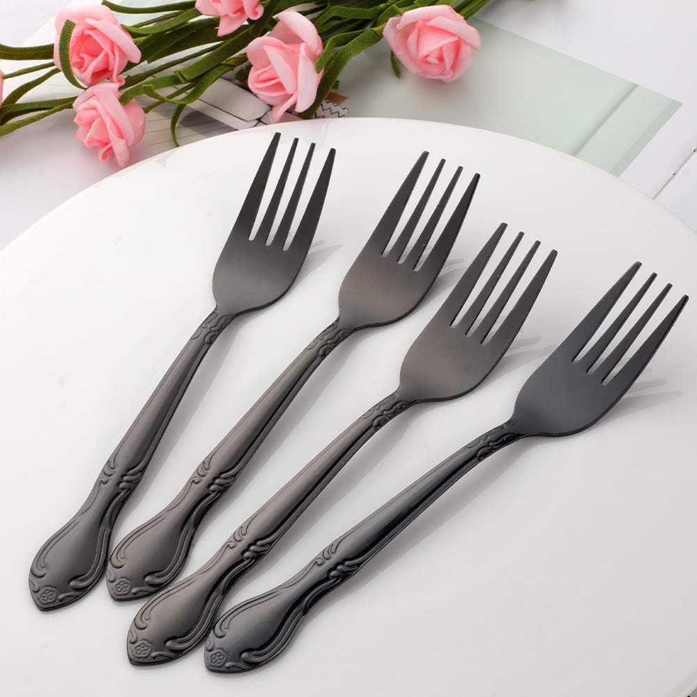 Salad Forks Set of 12, Stainless Steel Silverware Flatware Forks, Appetizer Dessert Forks with Flower Edge- 6.4 Inches-Black