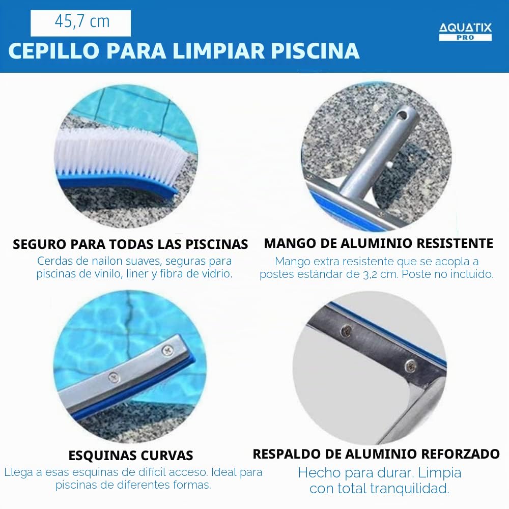 Cabezal de cepillo para piscina Premium, 45 cm, aluminio, cepillo de limpieza por Aquatix Pro con Clips EZ, para paredes, azulejos y suelos, diseño elegante y cerdas resistentes