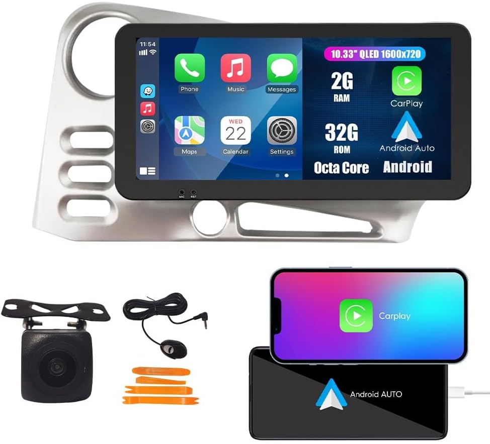 CarPlay Android Auto Navigation Stereo GPS Radio Reverse Camera Display 10.33" QLED Touchscreen Headunit Tablet Pad Media Player for Toyota Corolla Matrix 2003-2008, if Applicable Octa Core 2G+32G