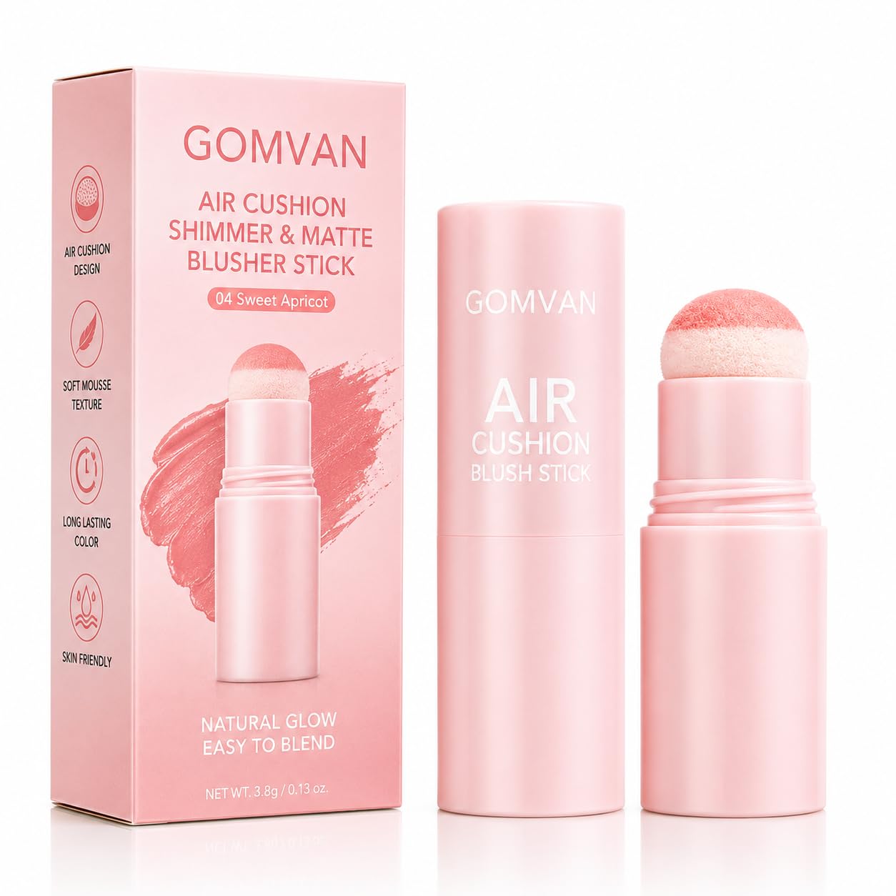 Air Cushion Blush Stick 3.8g Sweet Apricot | Cream Blush Stick with Air Cushion Applicator | Matte & Shimmer Cheek Tint | Long Lasting Waterproof Blendable Face Blush Makeup for Women | Natural Glow Cream to Powder Blusher-image-10