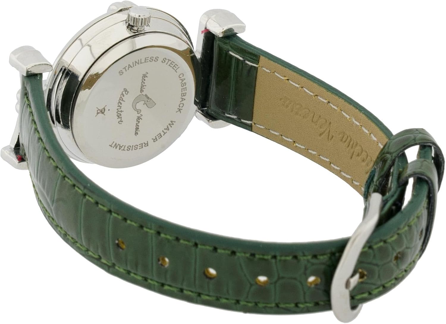 Glass Of Venice Murano Glass Millefiori Watch Round Multicolor Silver-Tone - 1" Face with Forest Green Band for Women - Handmade in Italy