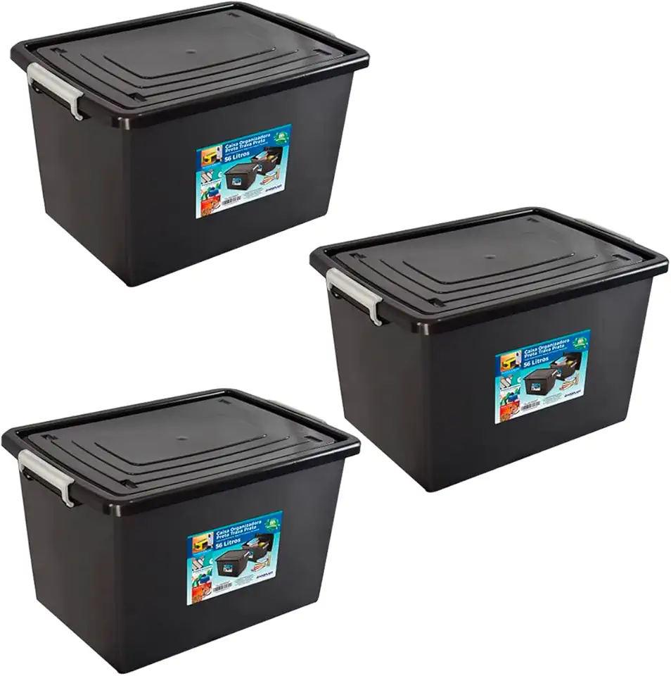 Kit 3 Caixas Organizadoras 56 Litros C/Tampa e Trava Preta 25793PM Arqplast