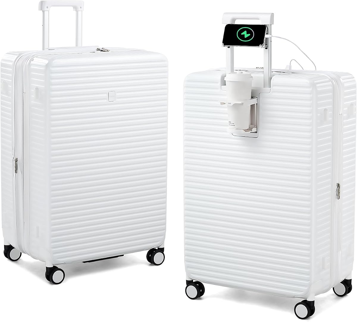HanTrip 28 Inch Checked Luggage Hard Shell Big Suitcases with Wheels, White | Expandable Large Luggage, Cup Holder, Phone Holder, Dual Charging Port, 102L Capacity, Wet/Dry Pocket, TSA Lock, Lightweight