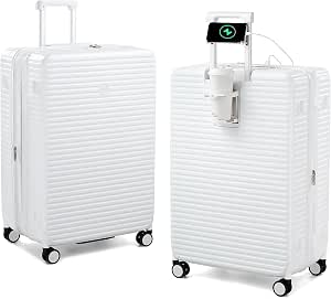 HanTrip 28 Inch Checked Luggage Hard Shell Big Suitcases with Wheels, White