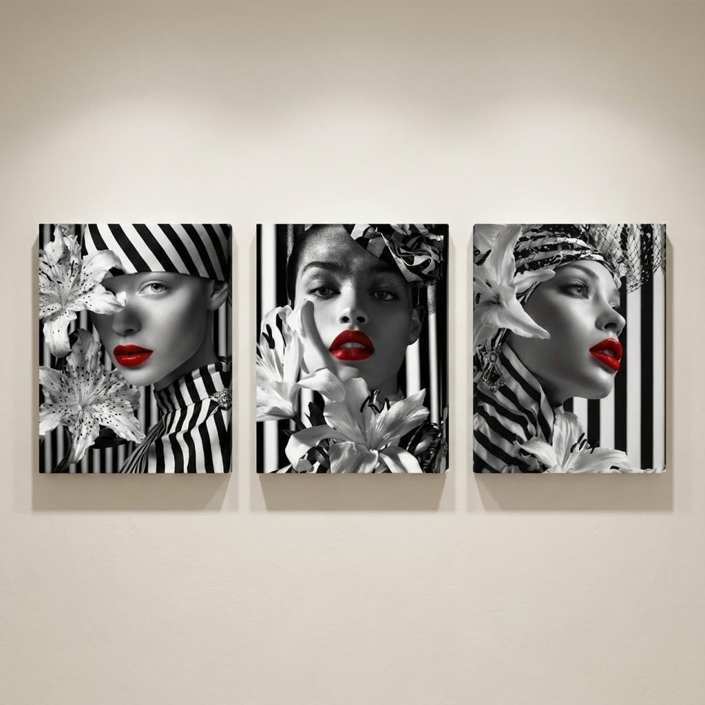 Artiluxy Black and White Fashion Canvas Wall Art Set of 3, Red Lips Portrait Artwork, Modern Chic Wall Decor for Living Room Bedroom, 12x16 Inch Unframed Prints (White)