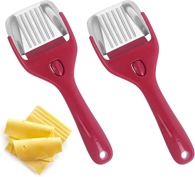 Esie Houzie Cheese Slicer Stainless Steel Cheese Cutter Cheese Plane with Plastic Handle and Adjustable Thickness 9 x 3.2 inch for Slicing Semi-Soft, Semi-Hard Cheese, Cheese Tool for Kitchen (Red)