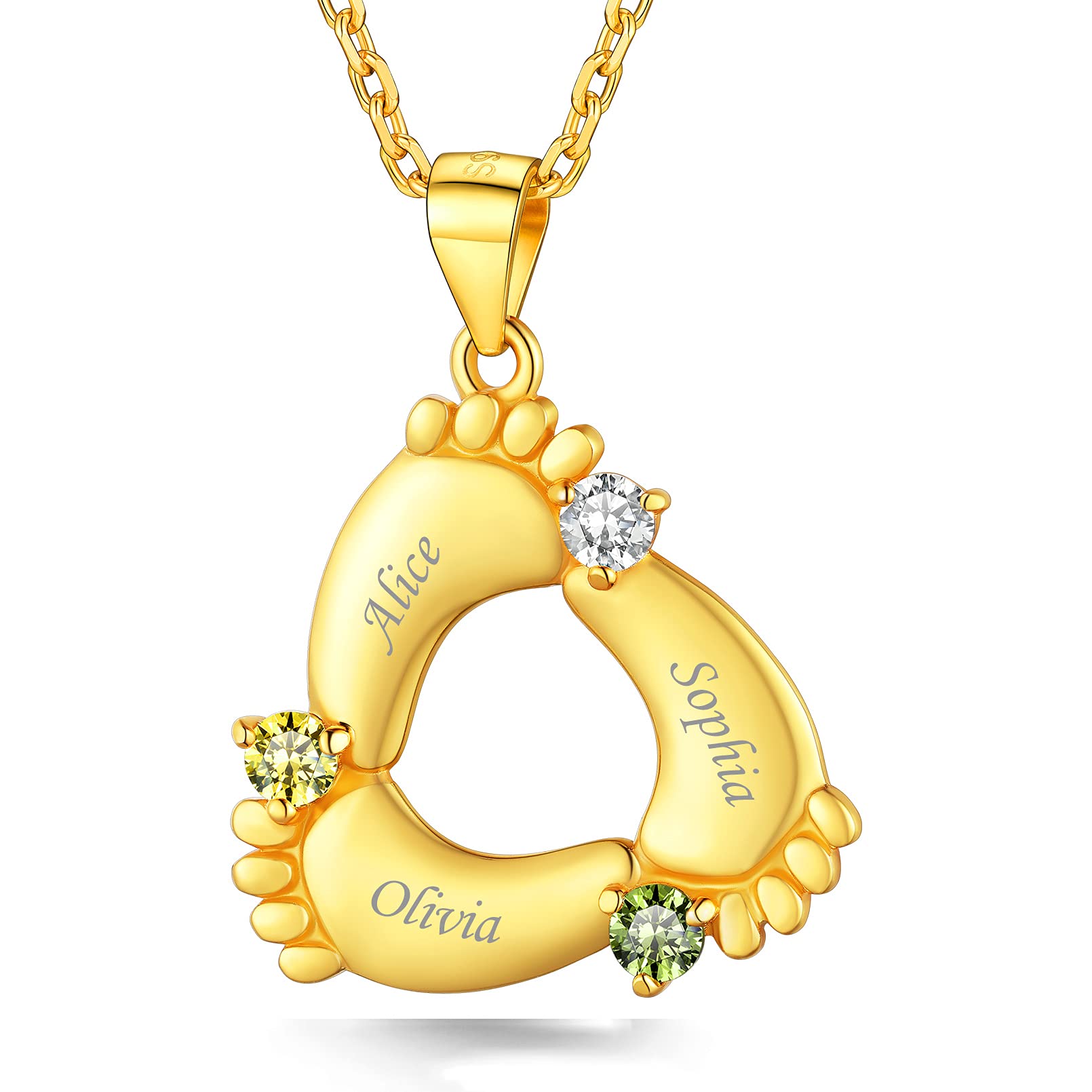 Custom4U Personalised Birthstone Necklace Personalised Necklace, Gold Plated 925 Sterling Silver Baby Feet 2 Birthstones & Names Custom Necklace for Mum Grandma