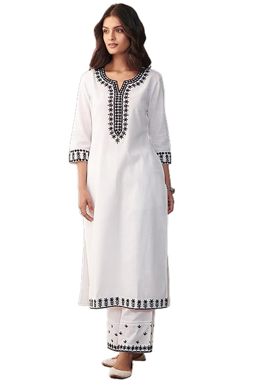 EVANTA Women's Cotton Blend Embroidery Kurta with Pent Set (TBH-White)