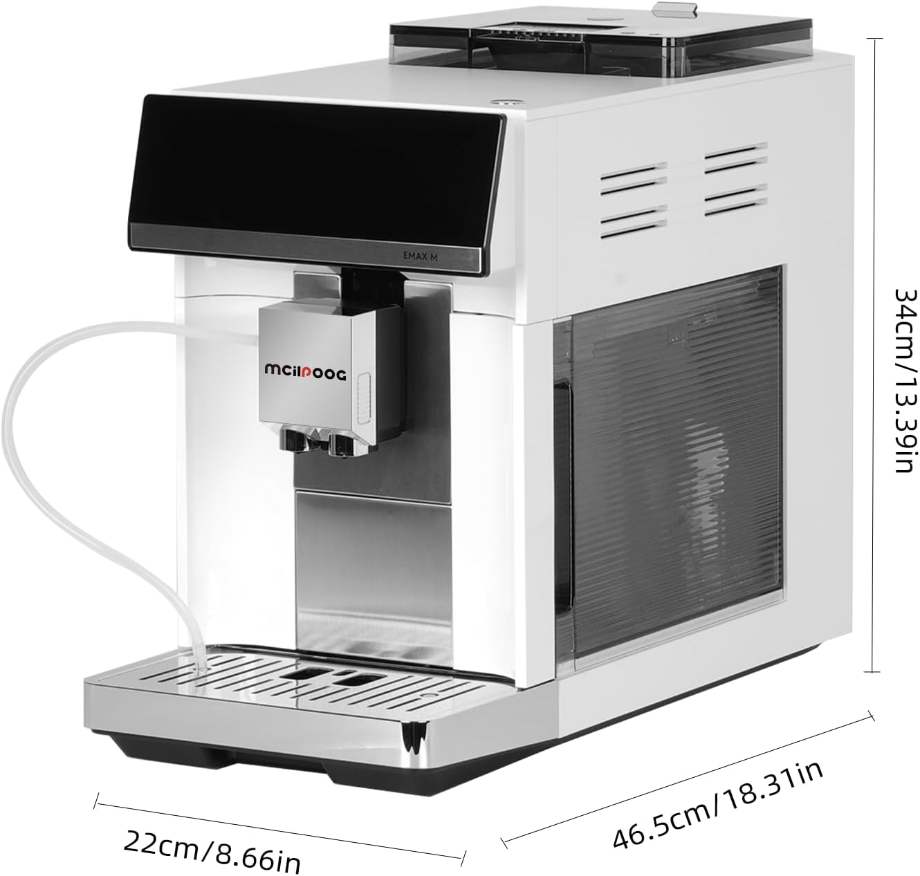Mcilpoog M3 Coffee Machine dimensions: 18.1 inches deep, 8.7 inches wide, 13.4 inches high