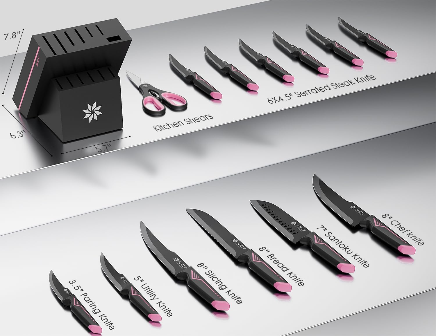 Condition photo showing New/Like New for knife set - 15 pcs kitchen knife set with built-in knife sharpener block - stainless steel knife block set - dishwasher safe, elegant box for her women wife, valentines day, pink soft pink