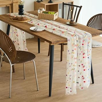 Floral Table Runner with Daisy Embroidery - 29x120 Inch White Polyester Table Decor for Wedding, Summer Party, Holiday Dining DecorationsWhite