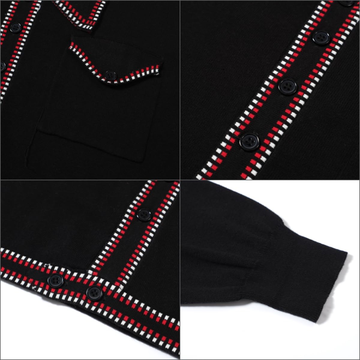 OXKNIT Men's Knit Polo Shirts Full Zip 1960s Style Retro Long Sleeve Cotton Black Cardigan Sweater with Pocket - Image 6