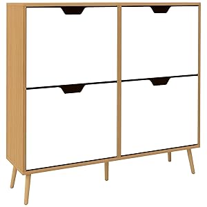 HOMCOM Mueble Zapatero con 4 Cajones Abatibles y Estantes Ajustables Armario de Zapatos de Pasillo para 8-16 Pares de Zapatos Zapatero Estrecho para Entrada 95x26x95 cm Natural