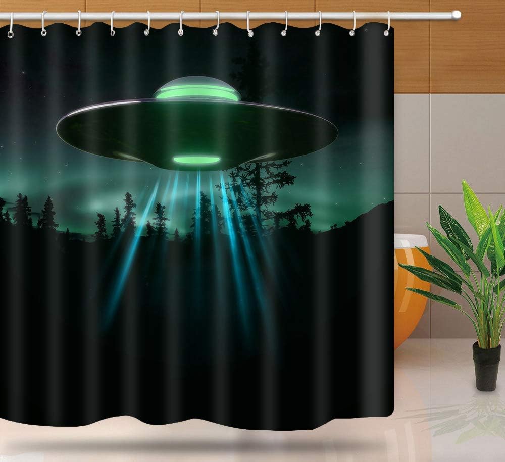 Alien Spaceship Shower Curtain, Fairy Night Sci Fi Theme UFO Shower Curtains Set with 12 Hooks, Durable Washable Upgrade Fabric Bath Curtain, 72 x 72 Inches, YLYYNT1331