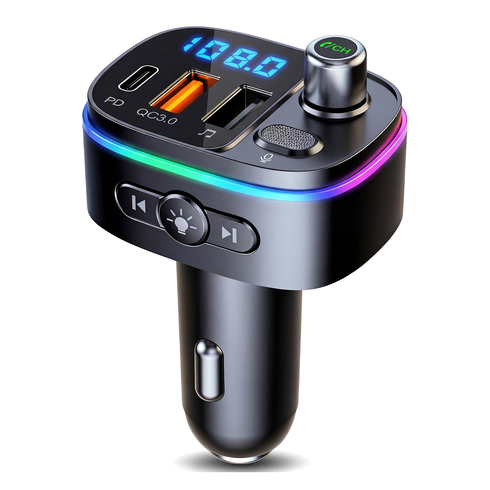 TISONNY Bluetooth FM Transmitter for Car, with Dual Fast Charging (QC3.0 &amp; PD 20W), Qualcomm 5.0 Chip, Hands-Free Calling, Support USB/TF Card Playback, Plug and Play for All Cars