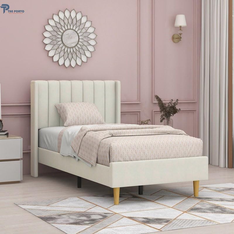 Image of Solid Wood Upholstered Single Bed for Bedroom Without Storage | Premium Fabric with Wingback Headboard | Wooden Single Bed Palang for Home | Stylish Single Cot Bed | 6 x 4 Ft, Cream