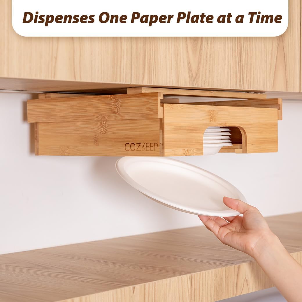Adjustable Paper Plate Dispenser Under Cabinet, Holder Under Cabinet, Kitchen Counter Paper Plate Organizer for 8/8.5/9/10-Inch Plates - White