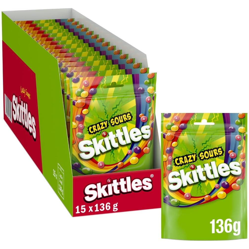 Skittles Crazy Sours, Caramelle Americane Rotonde Colorate alla Frutta dal Gusto Aspro, 15 confezioni da 136g ognuna, Regali Natalizi, Nuova versione