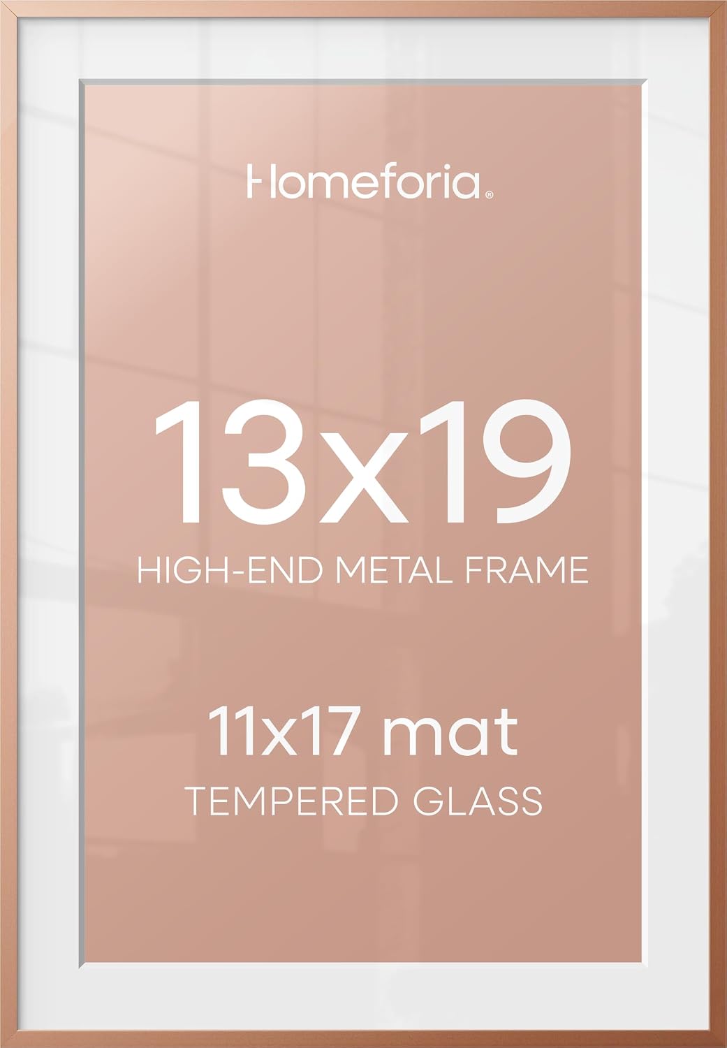 Homeforia 13x19 Picture Frame Rose Gold, High End Metal 13x19 Poster Frames with Mat 11x17 inch Photo, 13 x 19 Rose Gold Frame Matted to 11 by 17 Print, 19x13 Frame, Tempered Glass, Wall Kit, Set of 1
