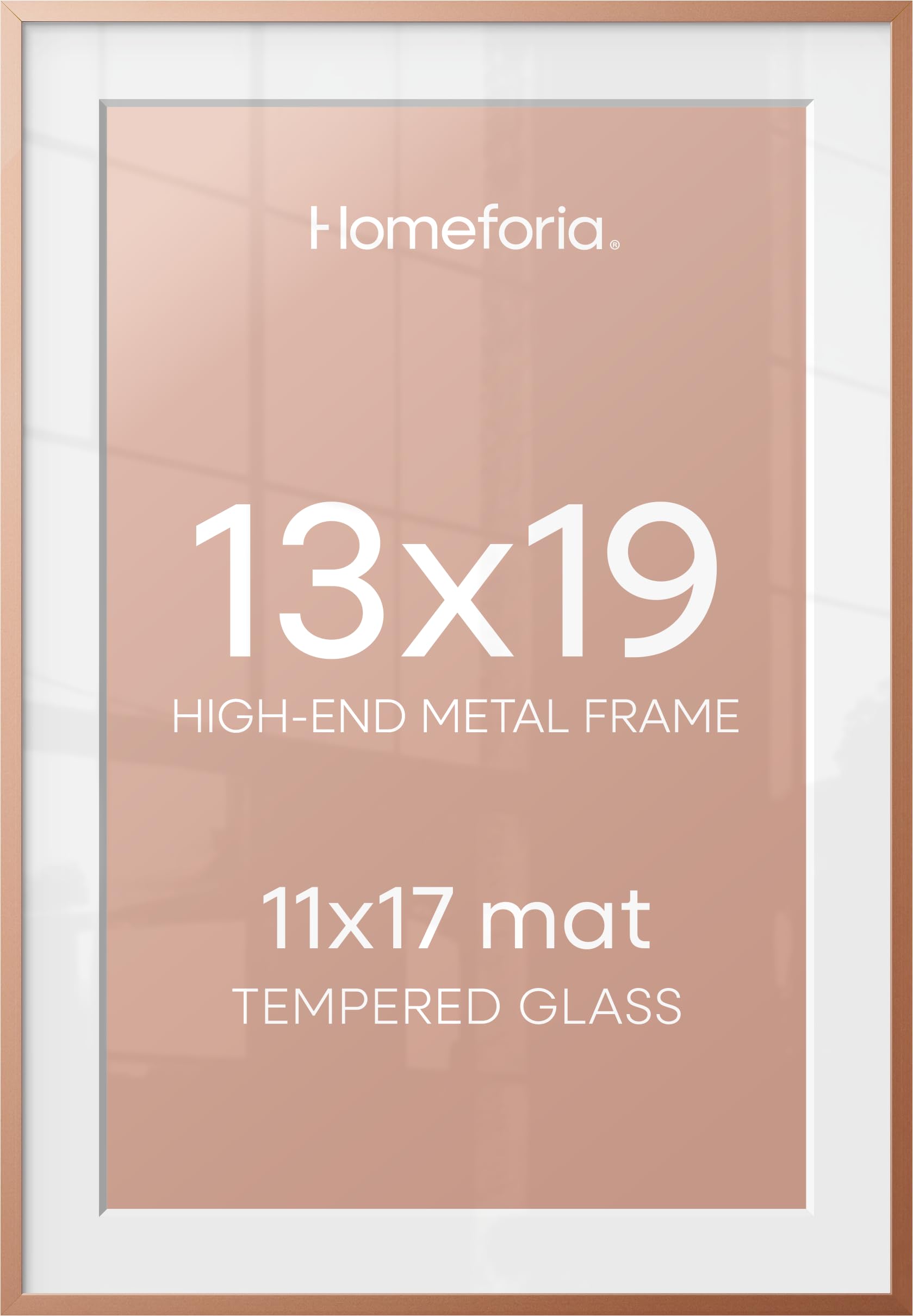Homeforia 13x19 Rose Picture Frame, High-End Metal, 11x17 Mat, Glass | High End Aluminum, Tempered Glass, Acid-Free 11x17 Removable Mat, 13x19 in Edge-to-Edge Display 19x13, Wall Kit, Set Of 1