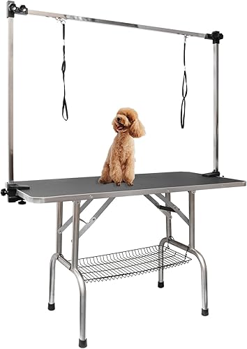 ROOMTEC Mesa de aseo para perros de 36", estación plegable de baño para mascotas con brazo de altura ajustable/lazo/bandeja de malla