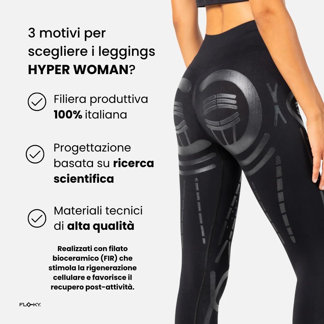 FLOKY Hyper Woman Leggings biomeccanico. Multisport. Leggings specifico per Donna a Compressione Graduata. Migliora la stabilità Muscolare. Accelera Il Recupero Post Allenamento. Nero. S/M