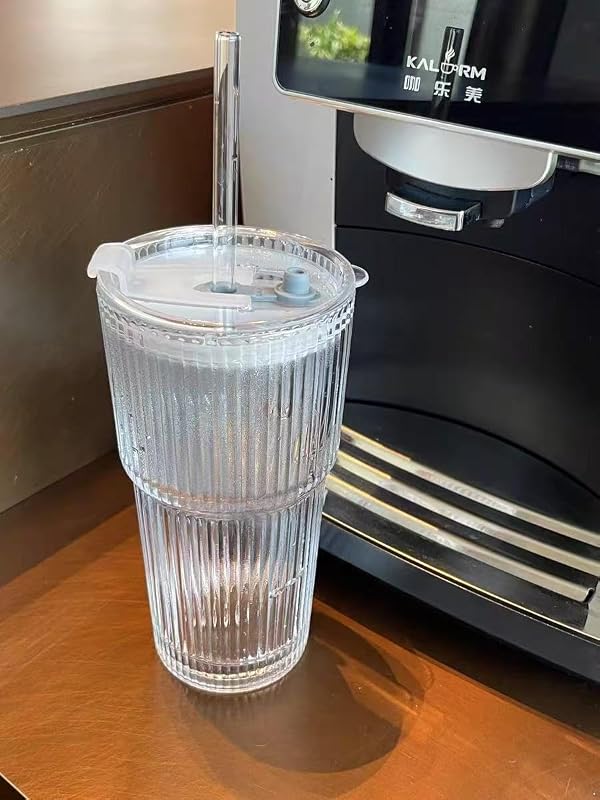 Oroklis 20oz Ribbed Glass Tumbler with Straw & Lid – 2 Pack Iced Coffee Cups,Glass Mug for Cold & Hot Beverages Travel Cup for Smoothies, Tea, and Juice by Oroklis - Used condition - Image 4