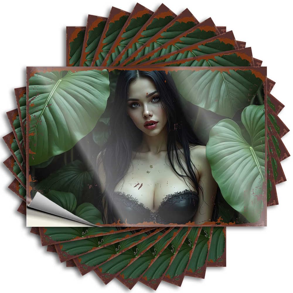 Fzfn Colour Decal Laptop Scratch Resistant Decals, Feminist Matte Print For Phone Case Science | Balcony Decor Uv Proof Pack A Woman In Black Lace Amidst Lush Green Leaves(8X12cm)