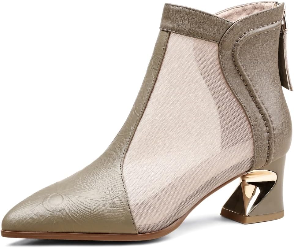 TinaCus Women's Pointed Toe Genuine Leather & Mesh Handmade Chunky Heels Casual Summer Booties with Zipper