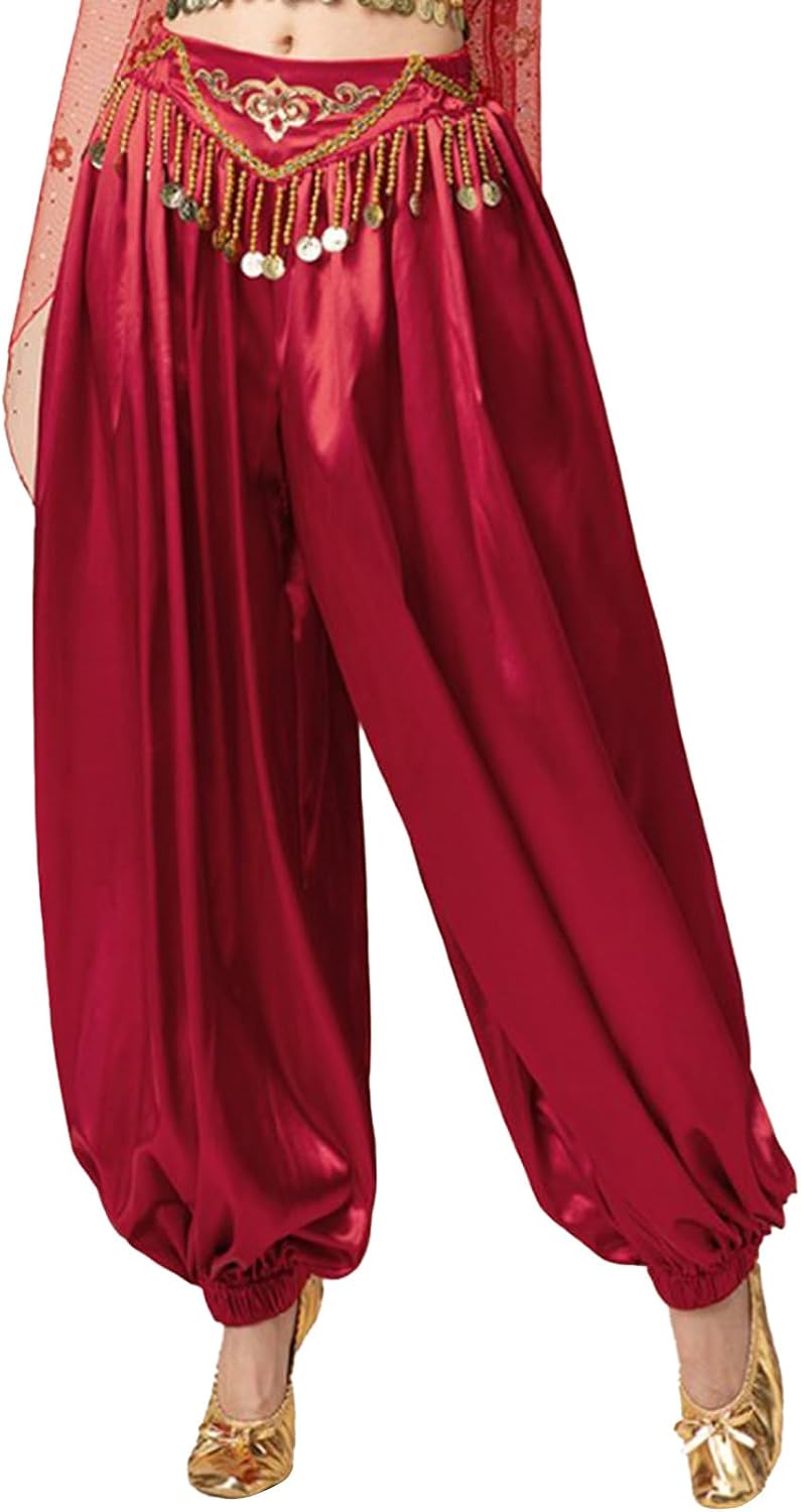 Women Belly Dance Pants Satin Bloomers Trouser Elastic Waist Lantern Pants India Dance Costume
