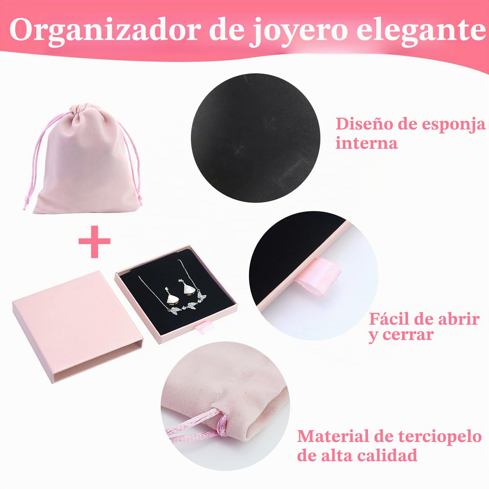 Caja de Regalo para Joyería Rosa con Bolsa de Terciopelo, Organizador de Collares, Pendientes y Anillos