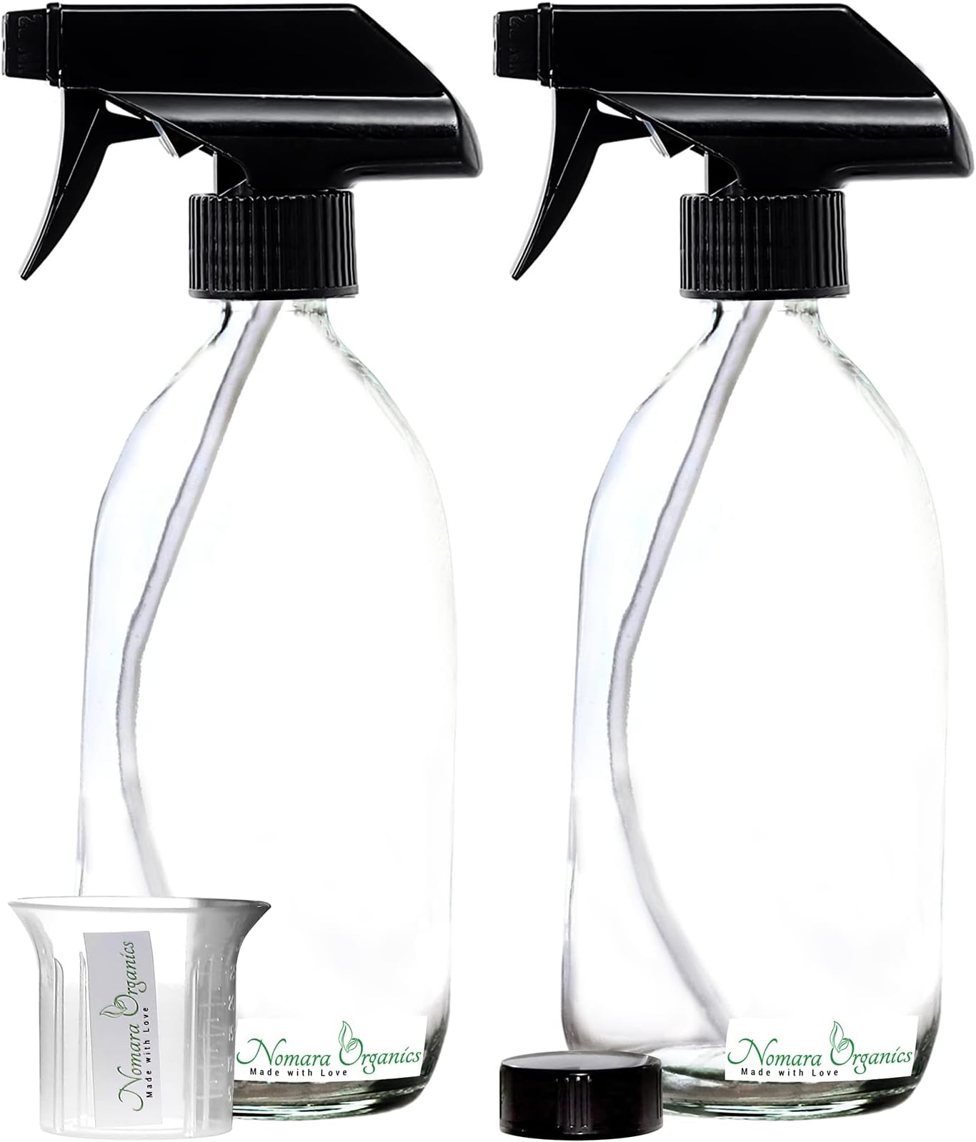 Nomara Organics Clear Glass Spray Bottles with Fine mist Reliable Pumps - Set of 2 x 300mL. Refillable for Ironing, Laundry, Hair Care, Cleaning, Essential oils, in Kitchen or Bathroom.