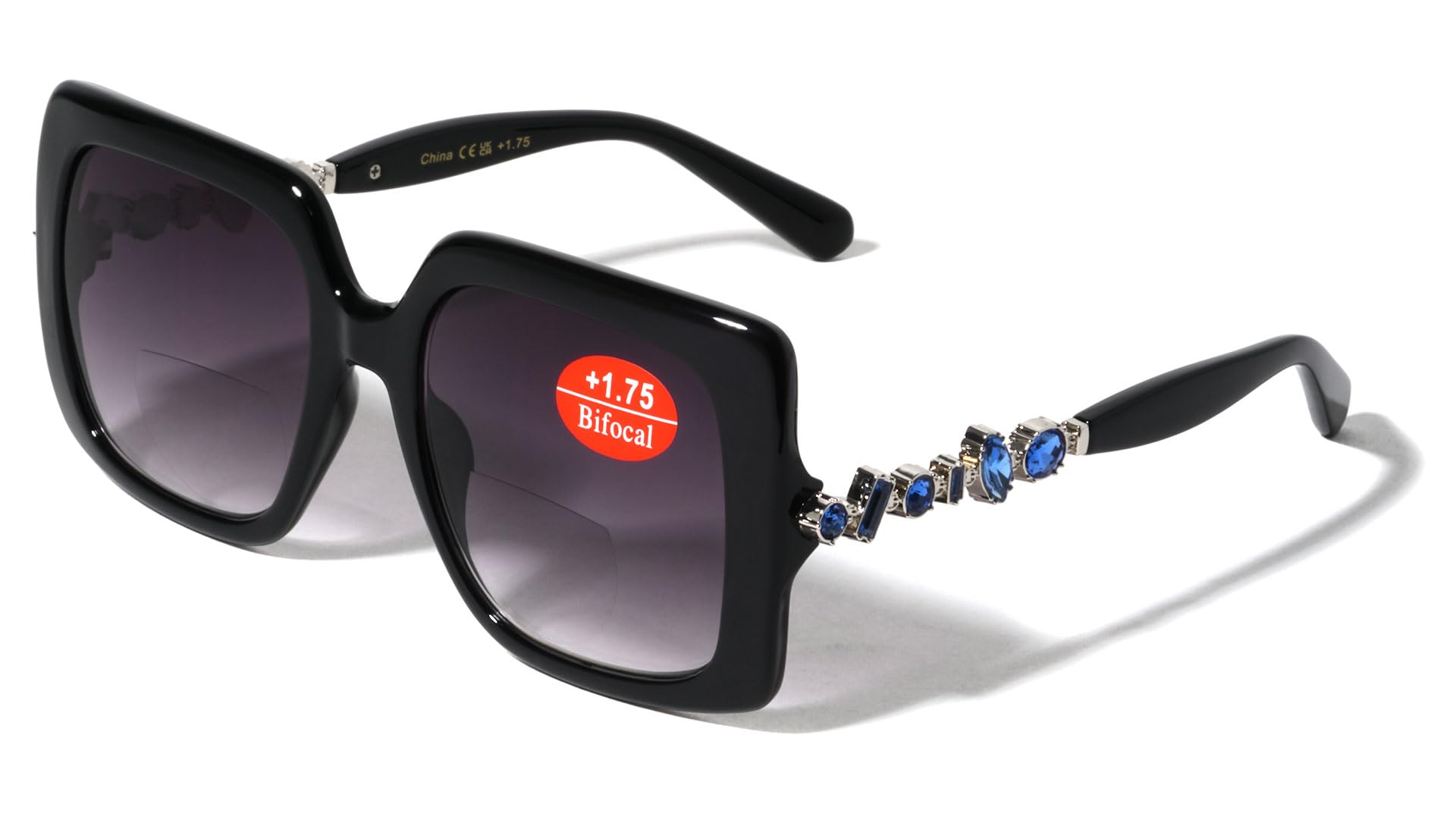 V.W.E. Women Square Oversized Rhinestones Gem Bifocal Reading Sunglasses - Outdoor Readers