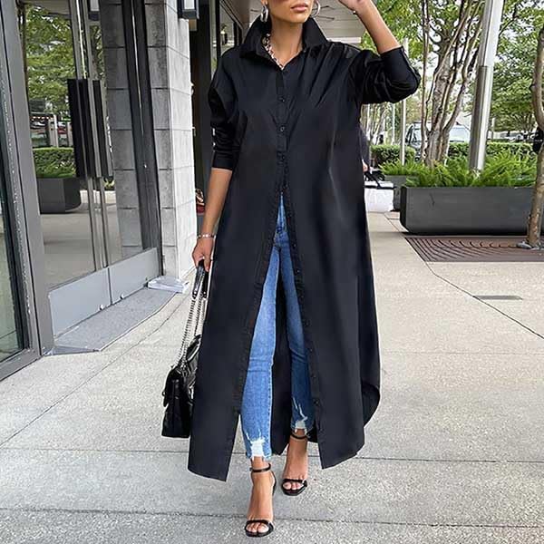 Women's Long Sleeve Button Down Shirt Dress V Neck Loose Fit Casual Shirt Maxi Dresses Long Cardigans with Pockets (Black,XL)