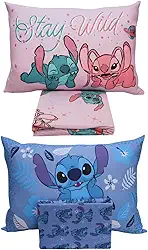 Kit com 2 Jogos de Lençol Infantil Lilo & Stitch Disney – Malha, Estampas Azul e Rosa, Lençol com Elástico, Antialérgico Oficial