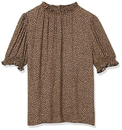 Amazon Essentials Camisa en Sarga Fluida con Manga Corta Abullonada y Detalle Fruncido Mujer, Camel Micro Guepardo, L