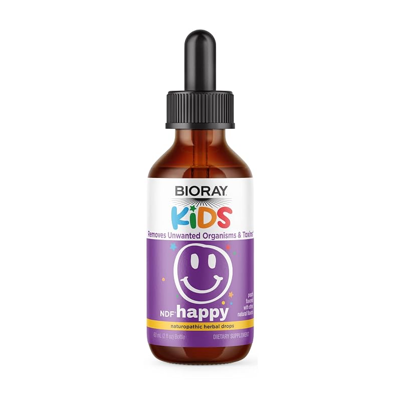 BIORAY Kids NDF Happy, suplemento fitoterápico líquido com chlorella e cogumelo juba-de-leão, sabor pêssego — 60 mL