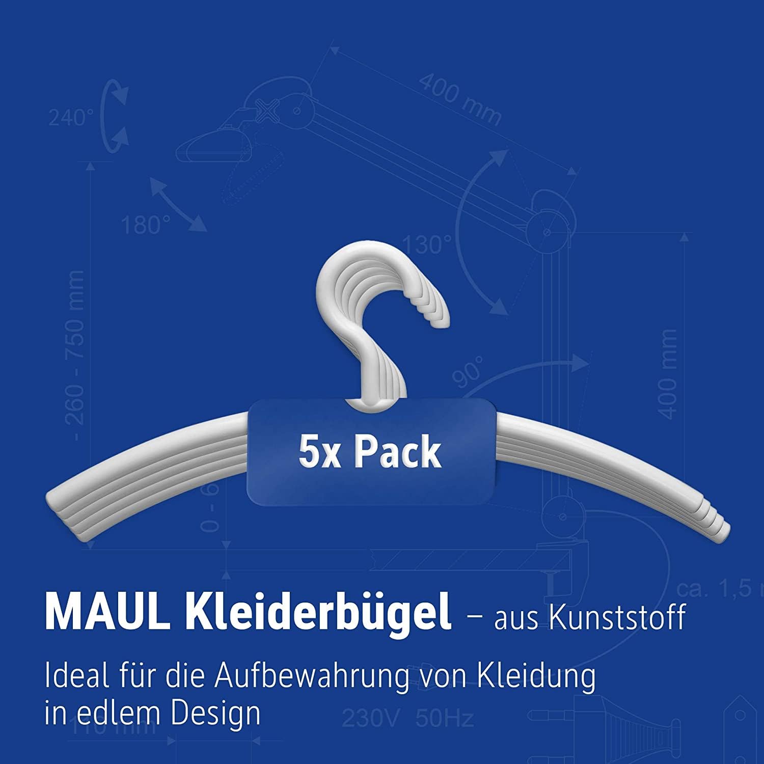 MAUL Kleerhangers van kunststof, moderne kunststof kleerhangers in elegant design, stabiele en belastbare hangers voor jassen, overhemden en broeken, wit, set van 5
