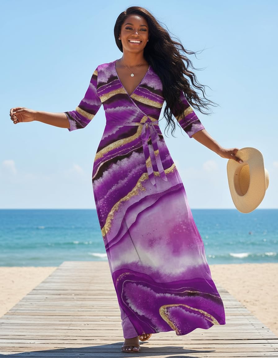 FANDEE Plus Size Maxi Dress for Women Casual Summer Sundress V-Neck 3/4 Sleeve