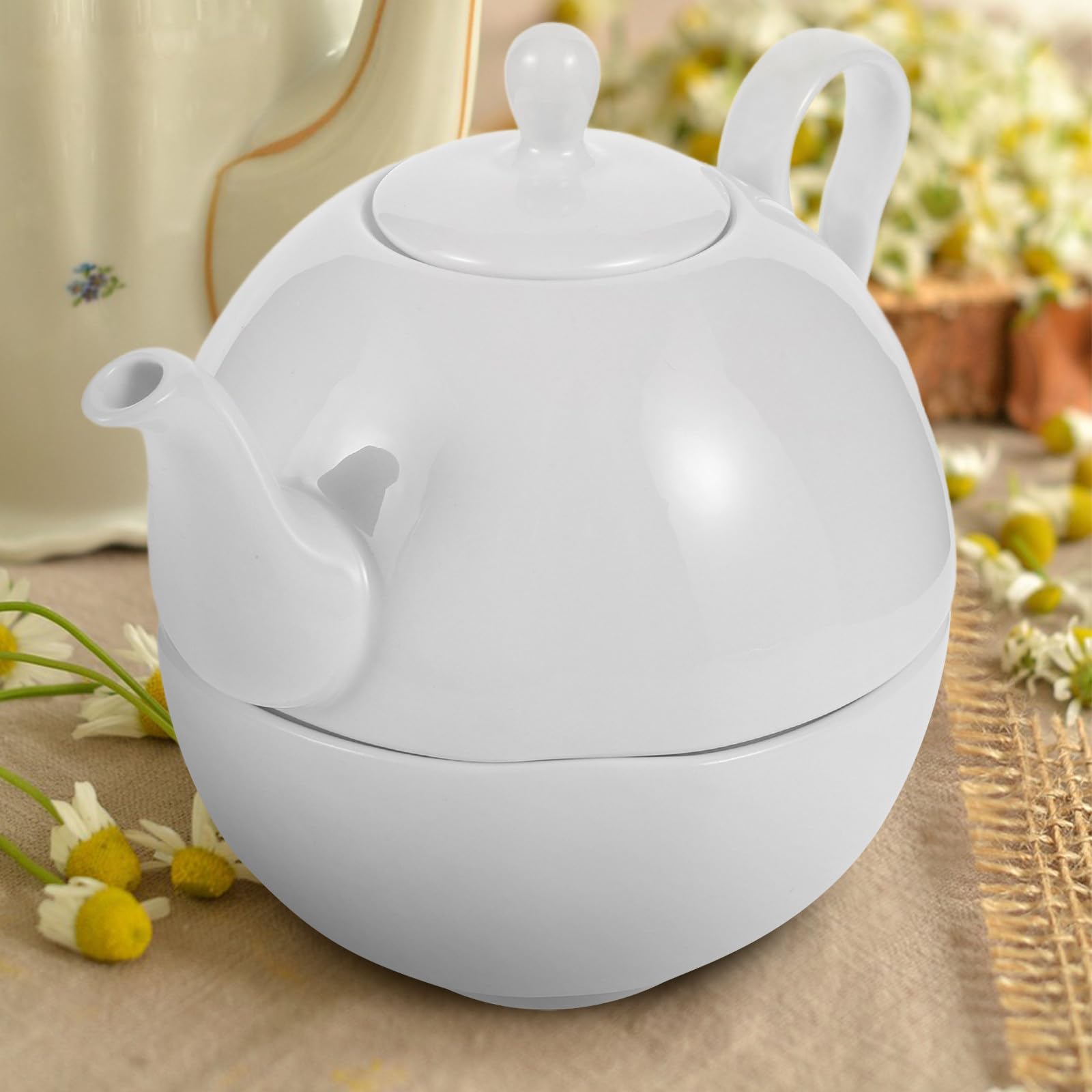 Set tè in Porcellana Fine Bianca da 620ml con Teiera Resistente al Calore e Tazza Elegante per Pomeriggi di tè Raffinati