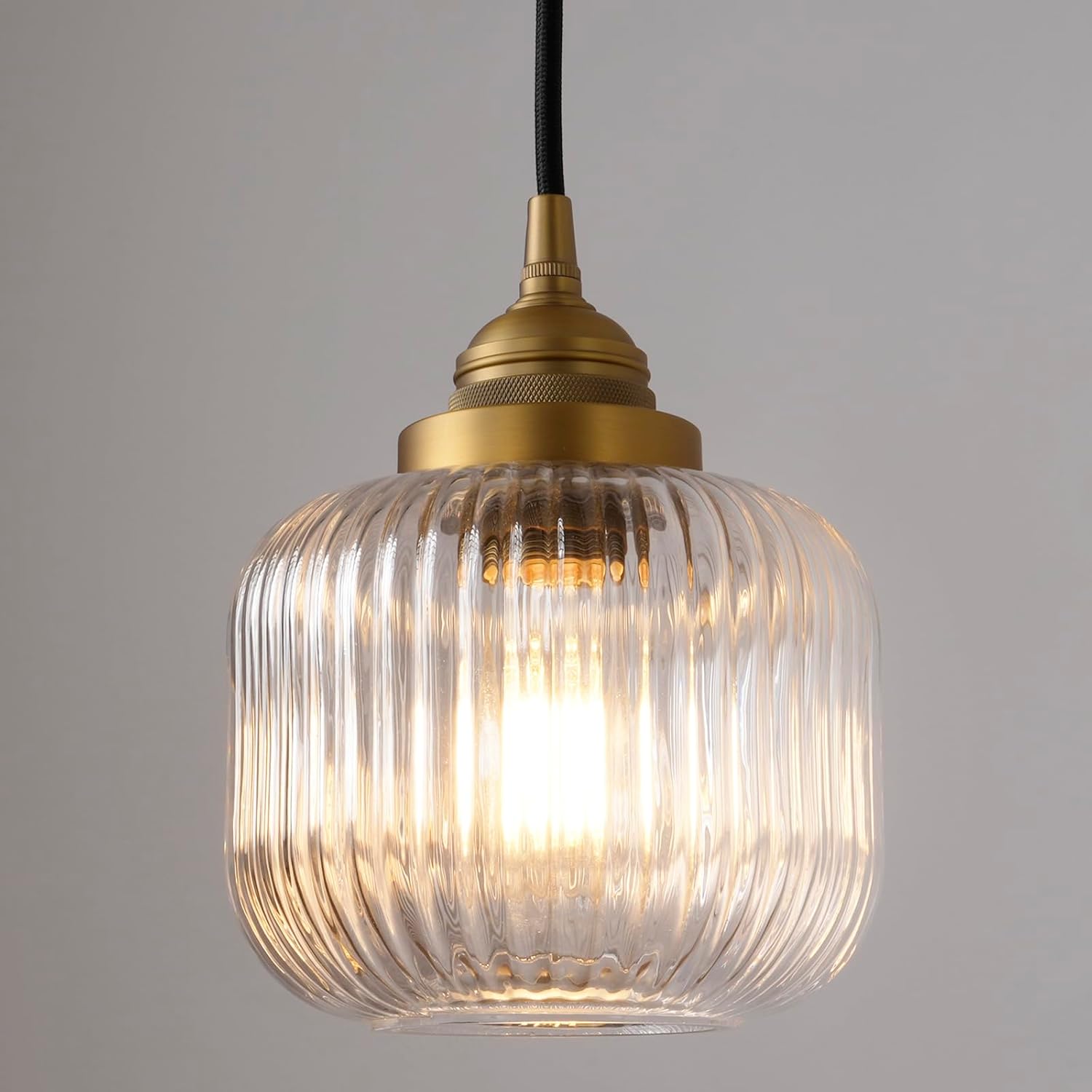 Vintage Ceiling Pendant Light with Clear Ribbed Glass Lampshade, Industrial Globe Hanging Light Fixture for Kitchen Island Hallway Dining Room Stairway