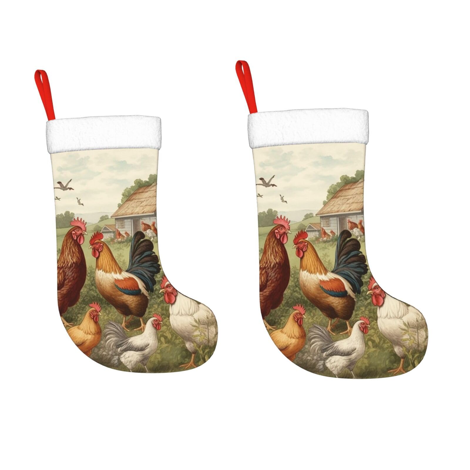 KLOPH 2 Pack 18 Inches Christmas Stockings Personalized Chickens and Farm Xmas Stocking Hanging Decoration Fireplace Stocking for Holiday Xmas Tree Christmas Fireplace Decor Gifts