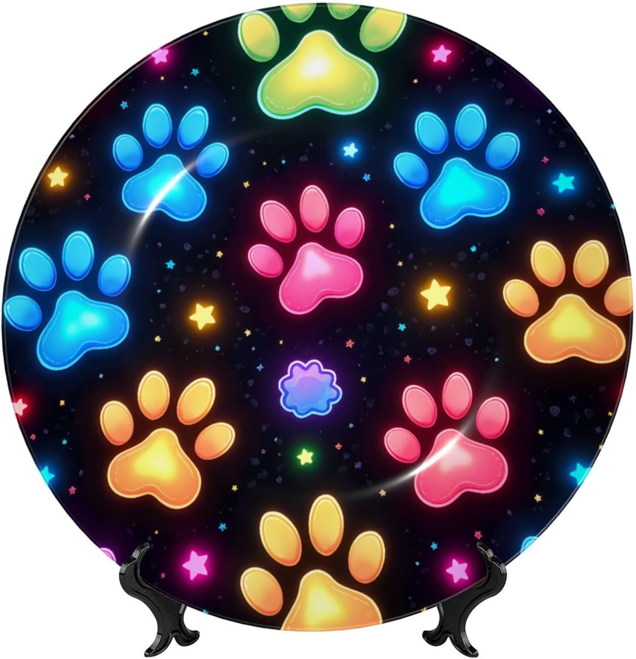 Neon Paw Prints Style Ceramic Plate Display Decorative Plate With Stand Wall Hanging Plate For Home Decor 10 Inch