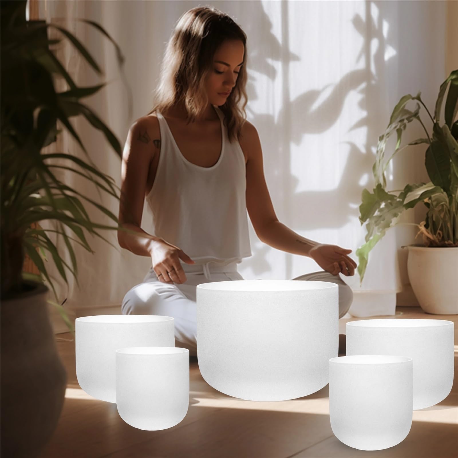 Cuenco Tibetano De Cristal Juego de 5 cuencos tibetanos cristal, 6-12 pulgadas, yoga relajado (C # D E F G #)(440 hz)